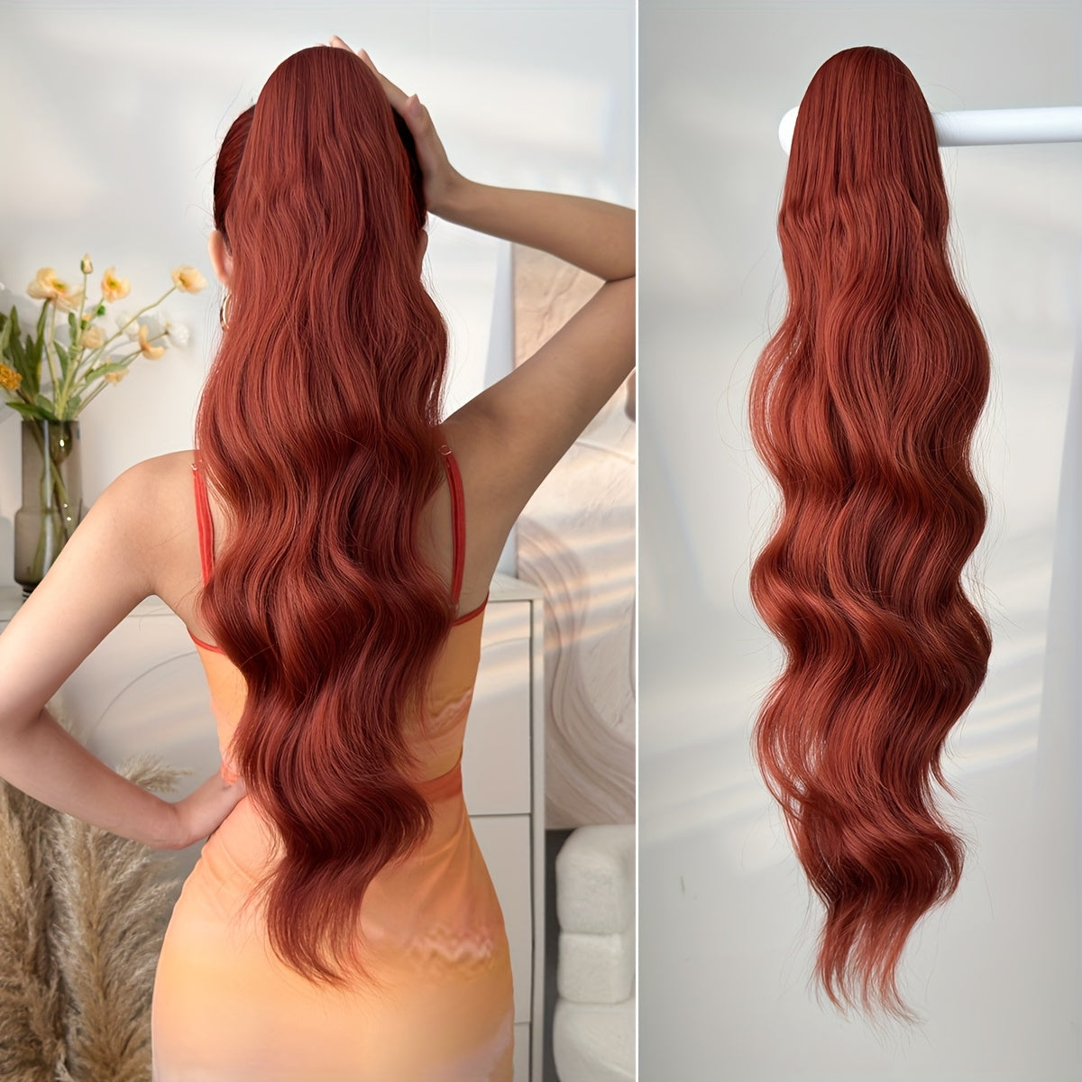 71.12cm Long Wave Synthetic Hair Extensions - Black, Brown, Orange, Red Ponytail Clips with Drawstring, Body Wave Design for Daily Use, Parties, Halloween, Christmas, Hair Accessories, Party Hair Extensions, Festive Hairpiece, Secure Clip Attachment