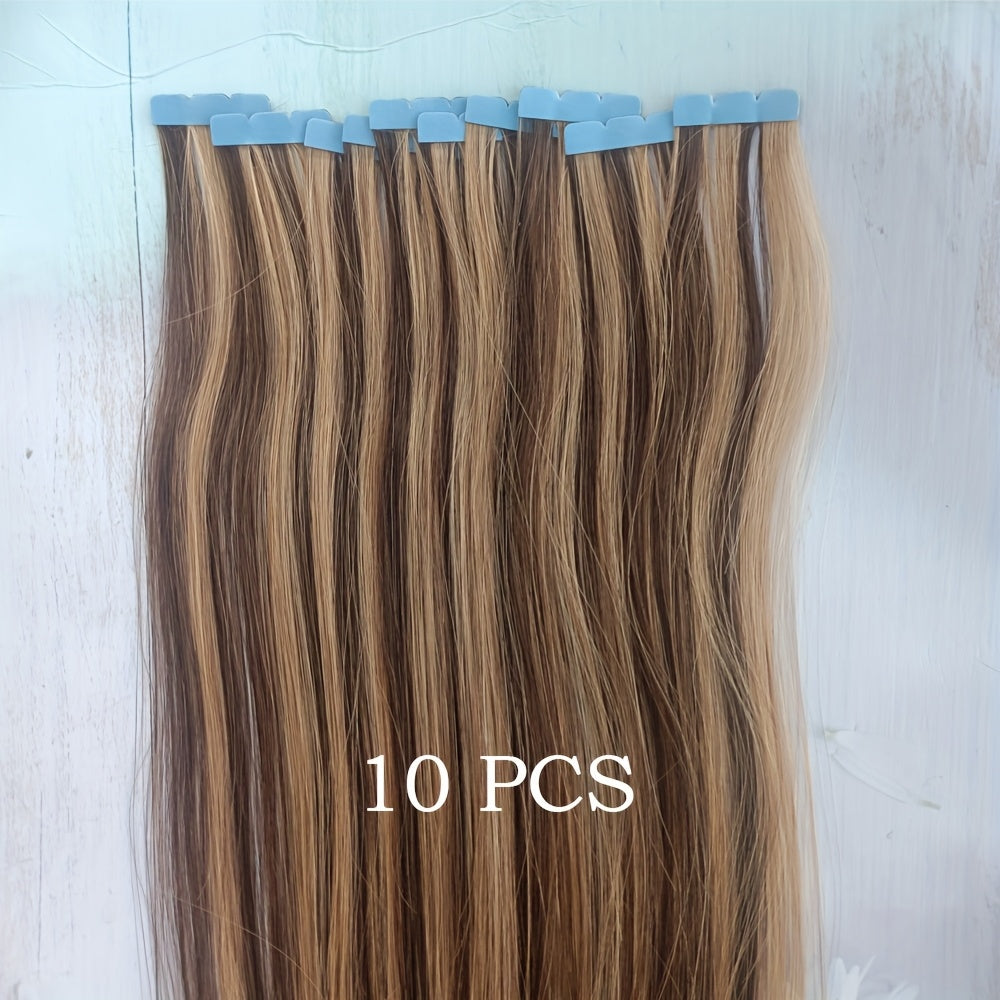 10pcs Mini Tape-In Hair Extensions Human Hair Balayage Blonde Highlights Straight Remy Human Hair Extensions for Women - Easy to Apply & Style, Natural Look for All Light Beige Tones, Versatile Styling Options, Easytoapply Tapes