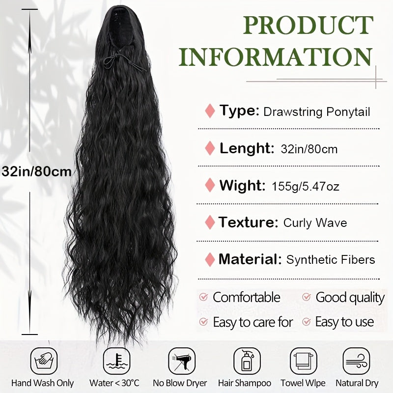 Extra Long Ponytail Extension 81.28 cm Deep Wavy Curly Drawstring Pony Tail Extensions Softer Fluffy Synthetic Clip In Hair Extensions Brown Blonde Highlight Hairpiece For Women Daily Halloween Use Part