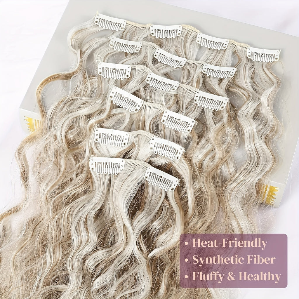 6pcs Luxurious 24-Inch Blonde Clip-In Wavy Hair Extensions for Women - Natural Soft Synthetic Fiber, Heat-Friendly, Full Head Coverage with Elegant White Diamond Accents, Ponytail Hair Extensions