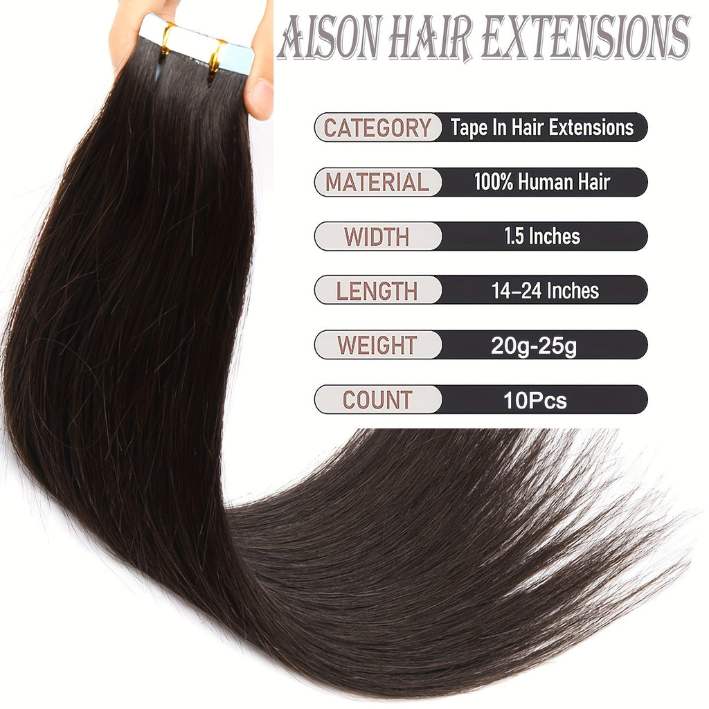 BENEHAIR Tape In Hair Extensions Human Hair 100% Remy Human Hair Extensions Silky Straight For Fashion Women 10 Pcs/Package Dark Brown Black 20G-25G