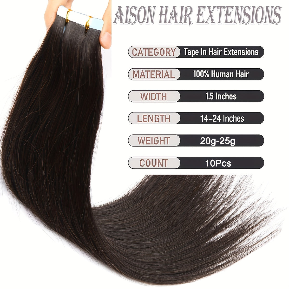 BENEHAIR Tape In Hair Extensions Human Hair 100% Remy Human Hair Extensions Silky Straight For Fashion Women 10 Pcs/Package Dark Brown Black 20G-25G