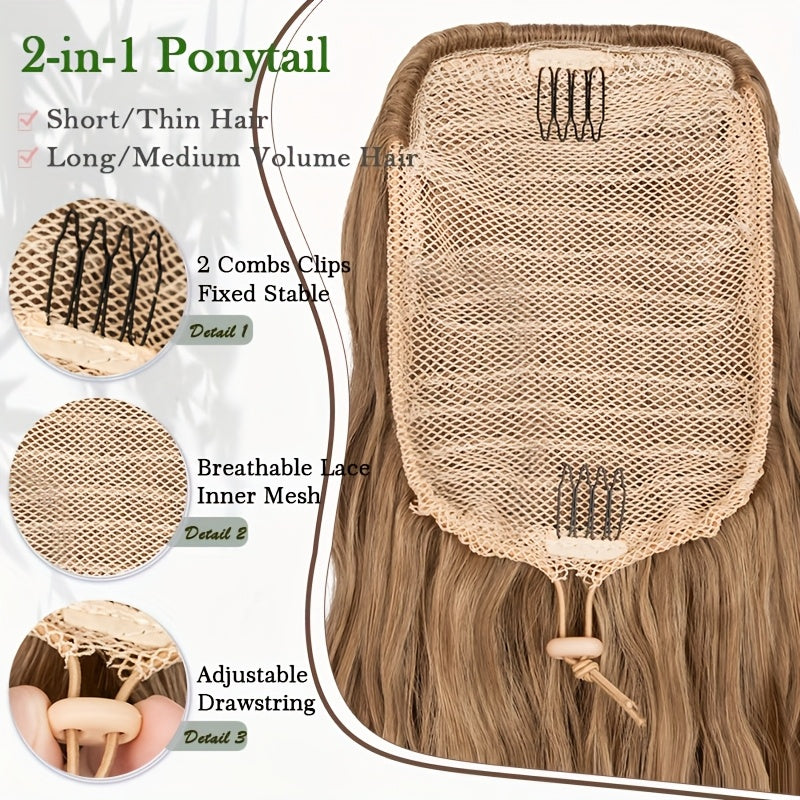 Extra Long Ponytail Extension 81.28 cm Deep Wavy Curly Drawstring Pony Tail Extensions Softer Fluffy Synthetic Clip In Hair Extensions Brown Blonde Highlight Hairpiece For Women Daily Halloween Use Part