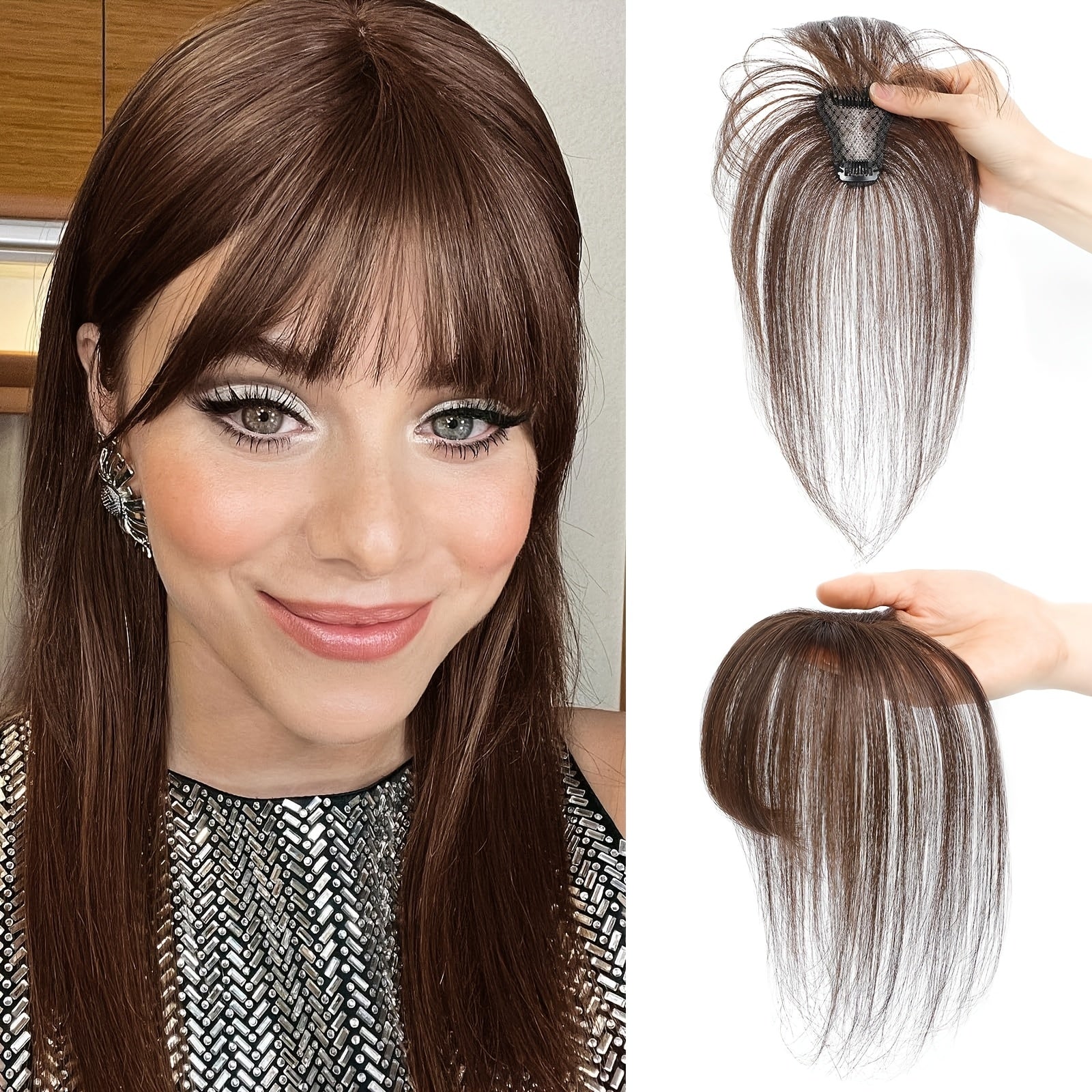 BIGTRSE 360° 3D Bangs Hair Clip - 100% Real Human Hair Topper with Straight Bangs & Side Swept Bangs, Natural Look for Women, Easy Clip-On for Daily Wear, Versatile Hairpiece, Sleek Hairpiece, Secure Hairpiece