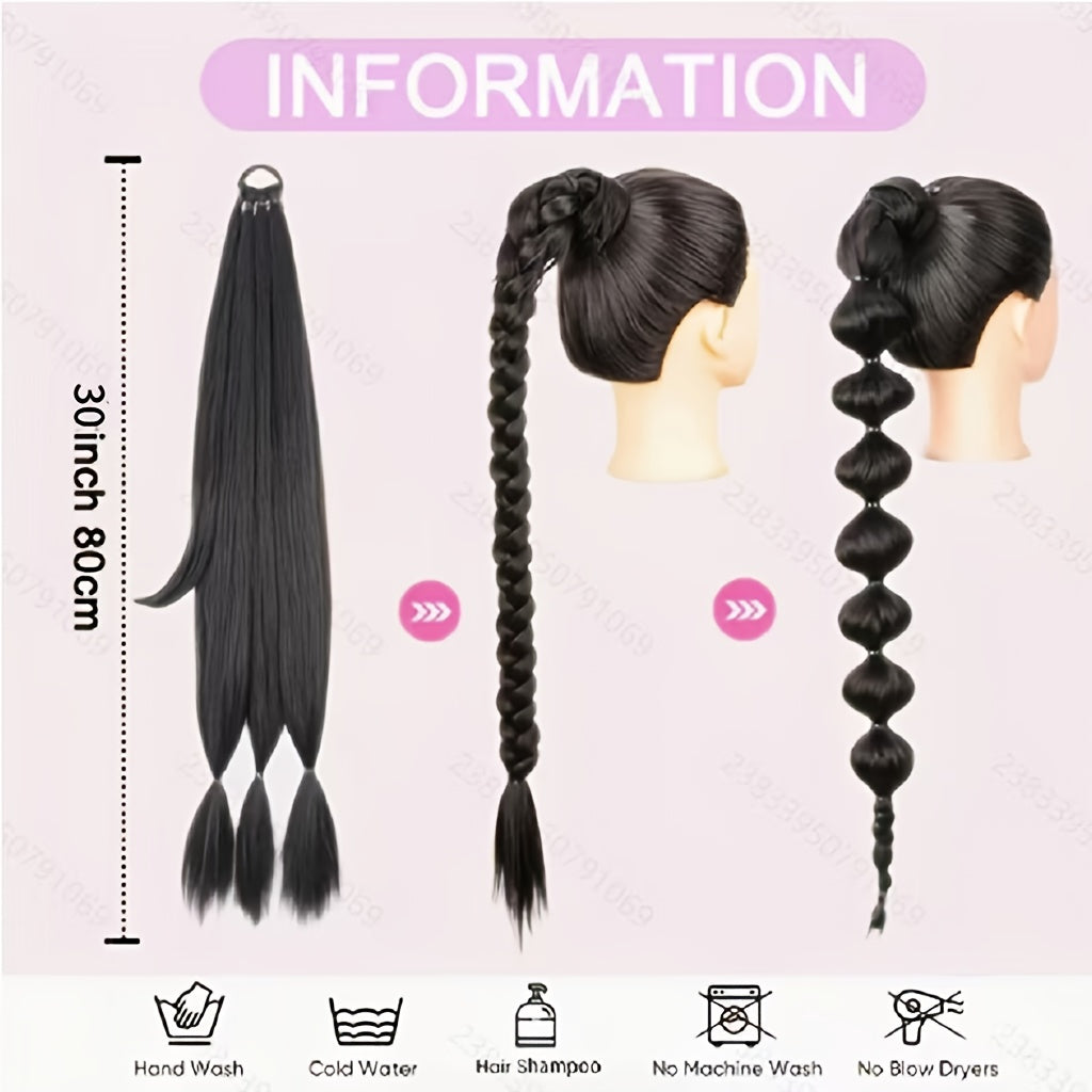 Extend the ends of the braided ponytail hairstyle. Suitable for all four seasons. Long straight hair wrapped ponytail wig. Natural and soft artificial hair strands. Suitable for ladies' daily wear.