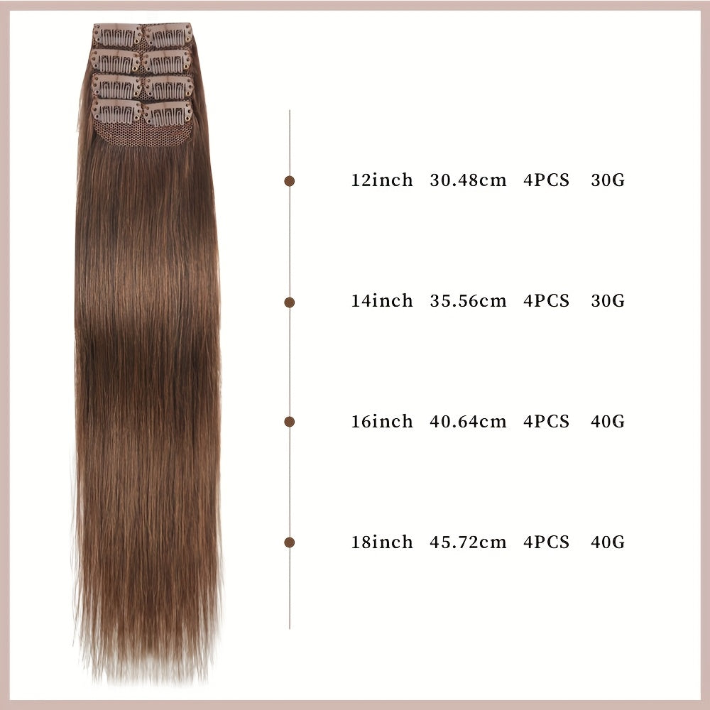 4pcs with 8 Clips Straight Clip In Hair Extensions 100% Real Human Hair Light Brown 12-18 Inch Double Weft Invisiable Clip Hair Extensions Remy Natural Human Hair for Women Girl Daily Full Head Use