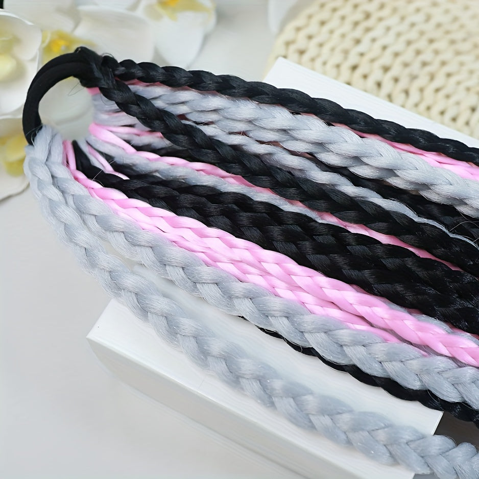Y2K-Inspired Colorful Braided Hair Extensions with Elastic Bands - 24" Synthetic Ponytail for Women, Perfect for Street Dance & Music Festivals