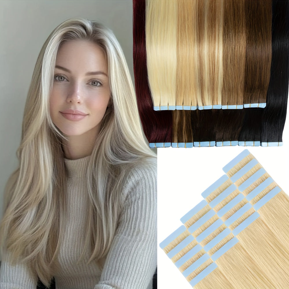 20pcs Normal Color Tape In Hair Extensions Human Hair Straight Tape In Hair Extensions 30.48cm-55.88cm Long Hair 30G/Pack Add Volume
