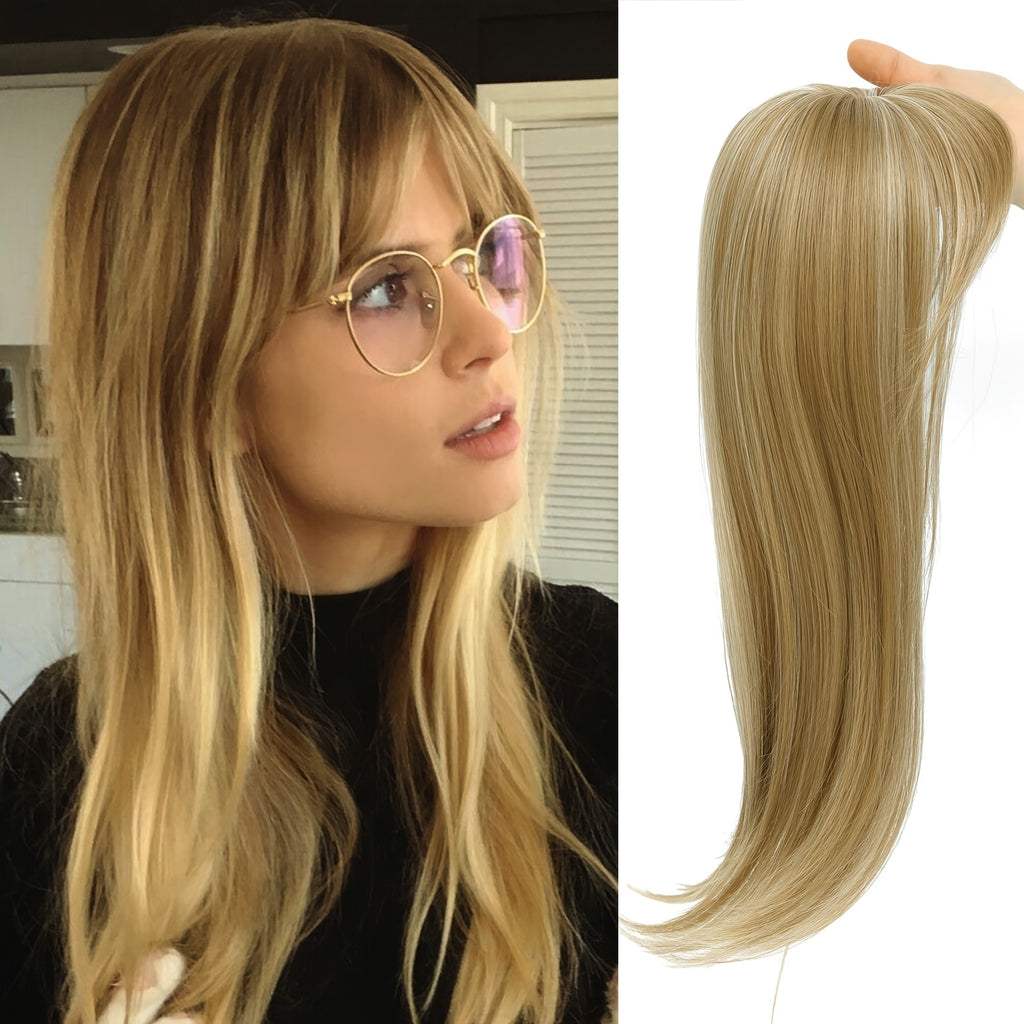 Elegant Clip-In Bangs for Women, 360° Coverage Blonde Hair Extensions with Dark Roots, French Style Straight Hair Bangs for Daily Wear, Hairpieces