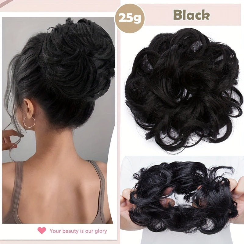 Heat-Resistant Synthetic Fiber Messy Bun Short Curly Ponytail Extension with Elastic Band - Secure Clip-In Hairpiece for Women with Thinning Hair, Natural Volume & Warm Brown/Blonde/Black/Red/Beige/Champagne Blonde Options, Hair Accessories