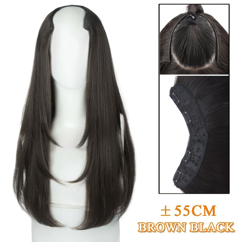 Long Fluffy V-Shaped Synthetic Hair Extension for Women - Layered Wig with Clips Increases Volume & Adds Fullness