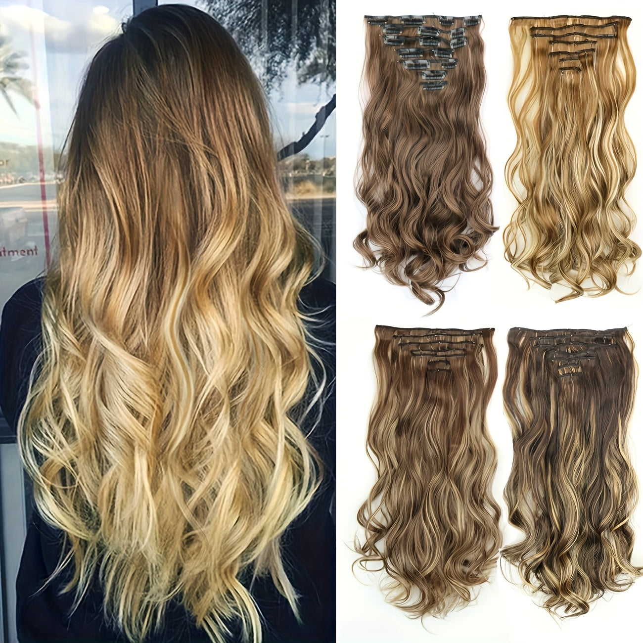 Wig Clip In Hair Extensions for Women 16 Clip Curly Hair Extensions 7 Sets Of Extensions 24inch Big Wave Wig for Everyday Parties Noble And Elegant Easy to Wear Wig Pieces Halloween