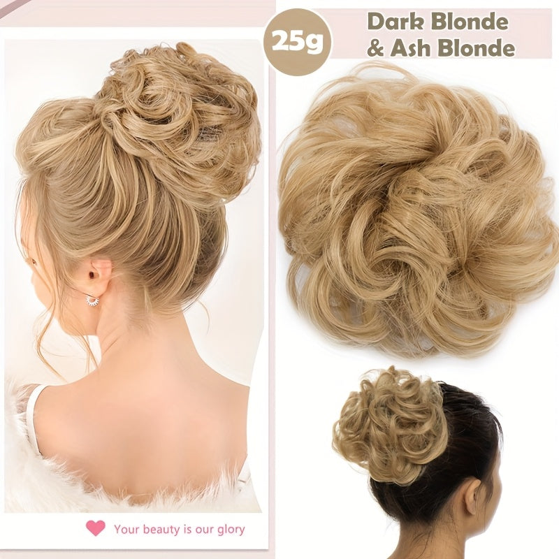 Heat-Resistant Synthetic Fiber Messy Bun Short Curly Ponytail Extension with Elastic Band - Secure Clip-In Hairpiece for Women with Thinning Hair, Natural Volume & Warm Brown/Blonde/Black/Red/Beige/Champagne Blonde Options, Hair Accessories