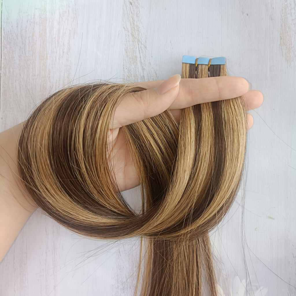 10pcs Mini Tape-In Hair Extensions Human Hair Balayage Blonde Highlights Straight Remy Human Hair Extensions for Women - Easy to Apply & Style, Natural Look for All Light Beige Tones, Versatile Styling Options, Easytoapply Tapes