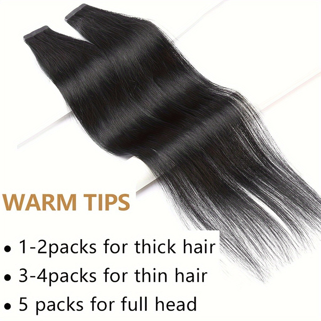 BENEHAIR Tape In Hair Extensions Human Hair 100% Remy Human Hair Extensions Silky Straight For Fashion Women 10 Pcs/Package Dark Brown Black 20G-25G