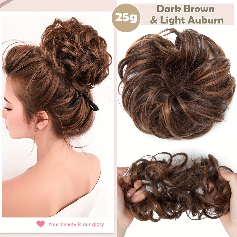 Heat-Resistant Synthetic Fiber Messy Bun Short Curly Ponytail Extension with Elastic Band - Secure Clip-In Hairpiece for Women with Thinning Hair, Natural Volume & Warm Brown/Blonde/Black/Red/Beige/Champagne Blonde Options, Hair Accessories