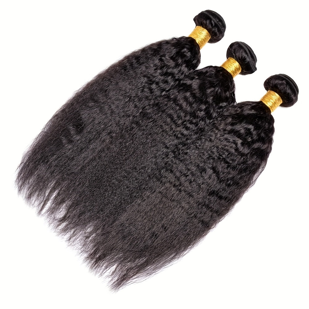 3 Bundles Yaki Straight Human Hair Extensions - 100% Unprocessed Brazilian Virgin Remy Hair, Kinky Straight Texture, Natural Black Color for, Styling Versatility, Naturallooking Hairline, Silky Smooth Texture