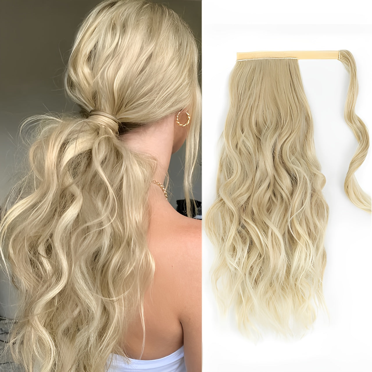 20-Inch Curly Wavy Ponytail Extension in Dirty Blonde, Made from High-Strength Synthetic Fibers for Women.