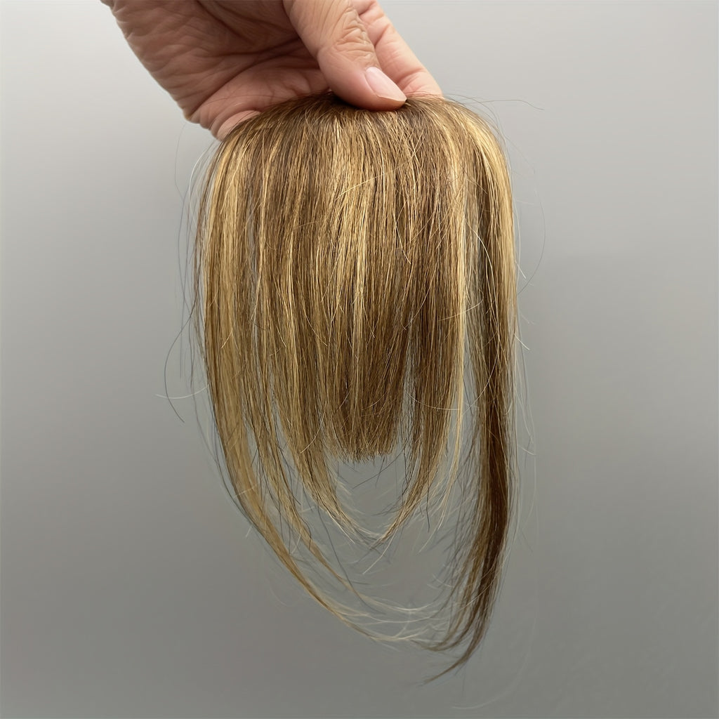 [1pc Real Human Hair Wispy Bangs] 1pc Elegant Clip-In Wispy Bangs Hairpiece for Women, Real Human Hair Straight Clip-On Air Fringe, Looking Hair Extension with Temples, for Daily Wear - Dark Brown, Mixed Blonde