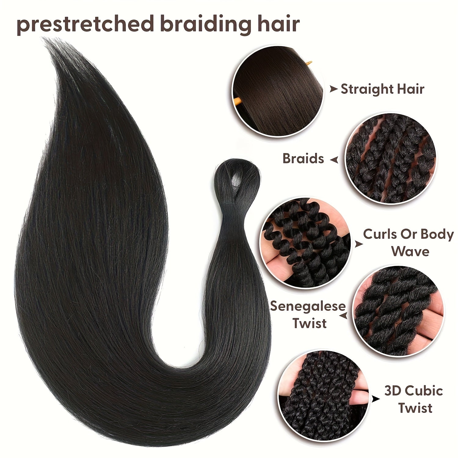 8pcs Black Pre-Stretched Braiding Hair for Women - Y2K Style Straight Texture Synthetic Hair for Boho Twist Crochet Braids, Professional Hairpiece for Braids, Braiding Hair Accessories, Y2K Hair Style, Highquality Hair