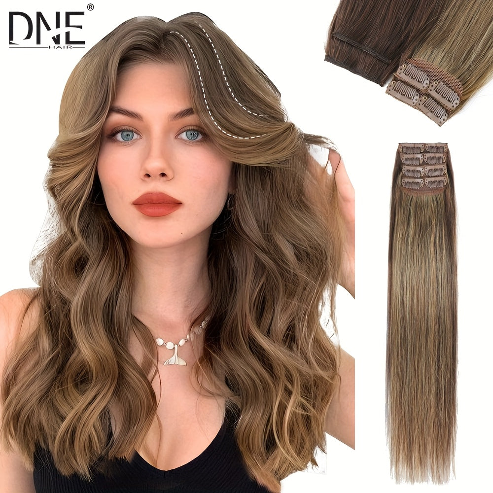 4pcs with 8 Clips Straight Clip In Hair Extensions 100% Real Human Hair Light Brown 12-18 Inch Double Weft Invisiable Clip Hair Extensions Remy Natural Human Hair for Women Girl Daily Full Head Use
