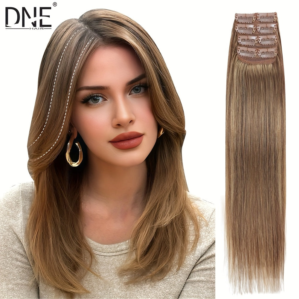 4pcs with 8 Clips Straight Clip In Hair Extensions 100% Real Human Hair Light Brown 12-18 Inch Double Weft Invisiable Clip Hair Extensions Remy Natural Human Hair for Women Girl Daily Full Head Use