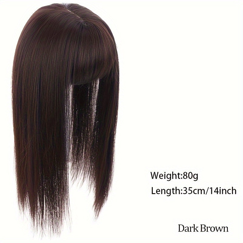 14-Inch Synthetic Hair Topper for Women with Bangs - Clip-In Straight Hairpiece for Thinning Hair, Large Base Wiglet, Black with Highlights, Versatile Style for All Ethnicities, Hair Accessories