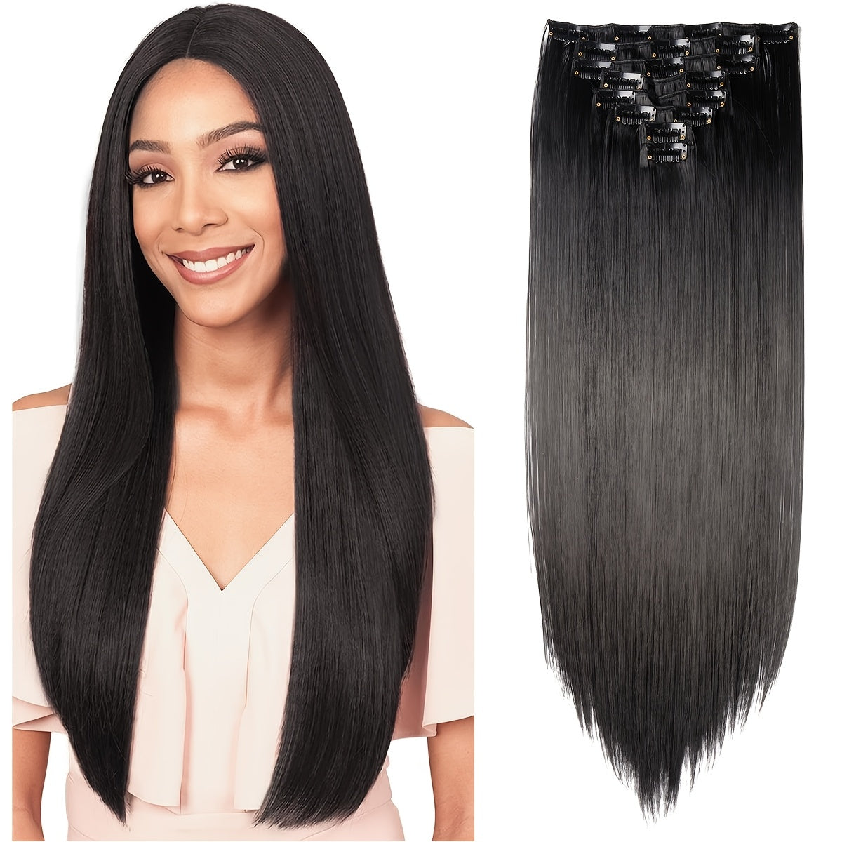 Benehair HAIR Hair Extensions Clip In 8pcs 18 Clips Synthetic Fiber Seamless 58.42cm Long Straight Full Head