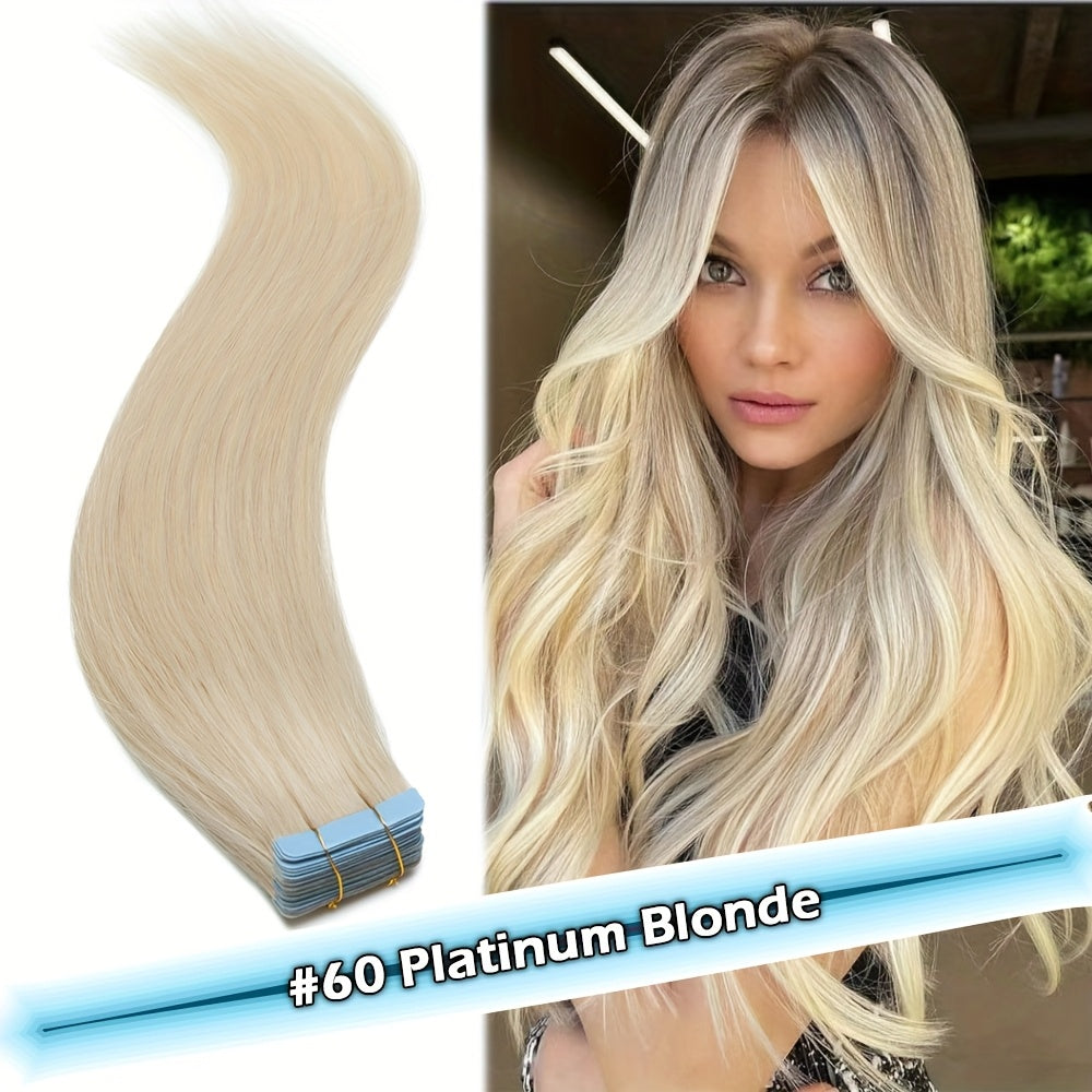10pcs/1 Pack Straight Real Human Hair Tape In Extensions Straight Smooth Hair Extensions 40.64cm-60.96cm Natural Popular Blonde Color Human Hair Extneisons For Women, Versatile Use For Ewedding, Party, Brithday, Fesitival To Add Volumn And Length.