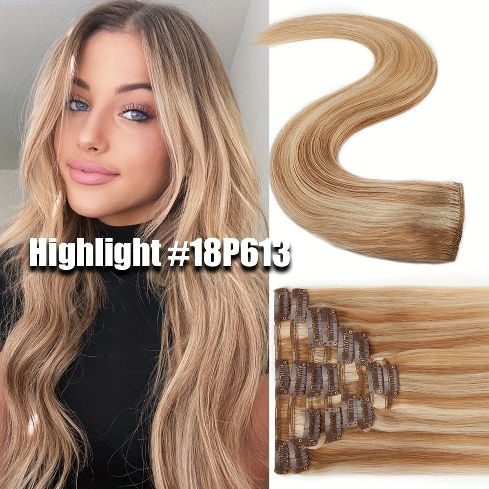 Clip In Hair Extensions Hairpieces 16-24 Inch Hair Extensions Clip Ins Soft Real Human Hairpieces Soft & Natural Straight Human Hair Extensions for Women, Use for Adding Volumn Showing Your Beauty (8pcs 18 Clips)