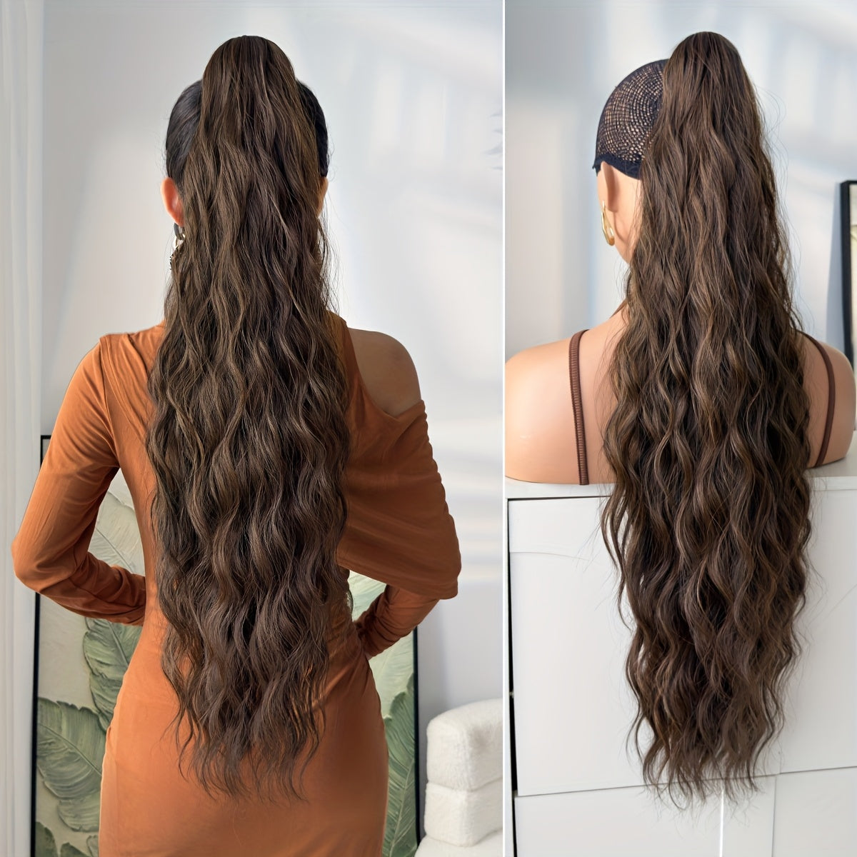 YUSULAXI 28" Ombre Claw Clip Ponytail Extension - Water Wave Synthetic Hairpiece in Light Brown, Heat-Resistant Fiber for Women with Short Hair, Daily Use Accessory, Ponytail Hair Extensions, Versatile Hairpiece, Secure Claw Attachment
