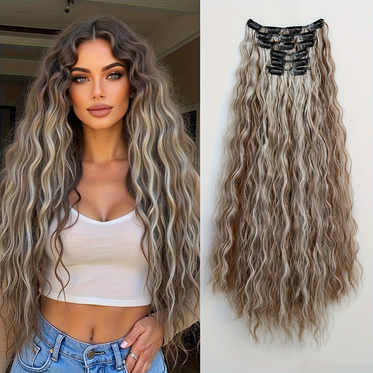 6pcs/set Wavy Long Hair Clip-in Extensions, Synthetic, Basic Style, Women's, Elegant Hair Accessories for Daily Use