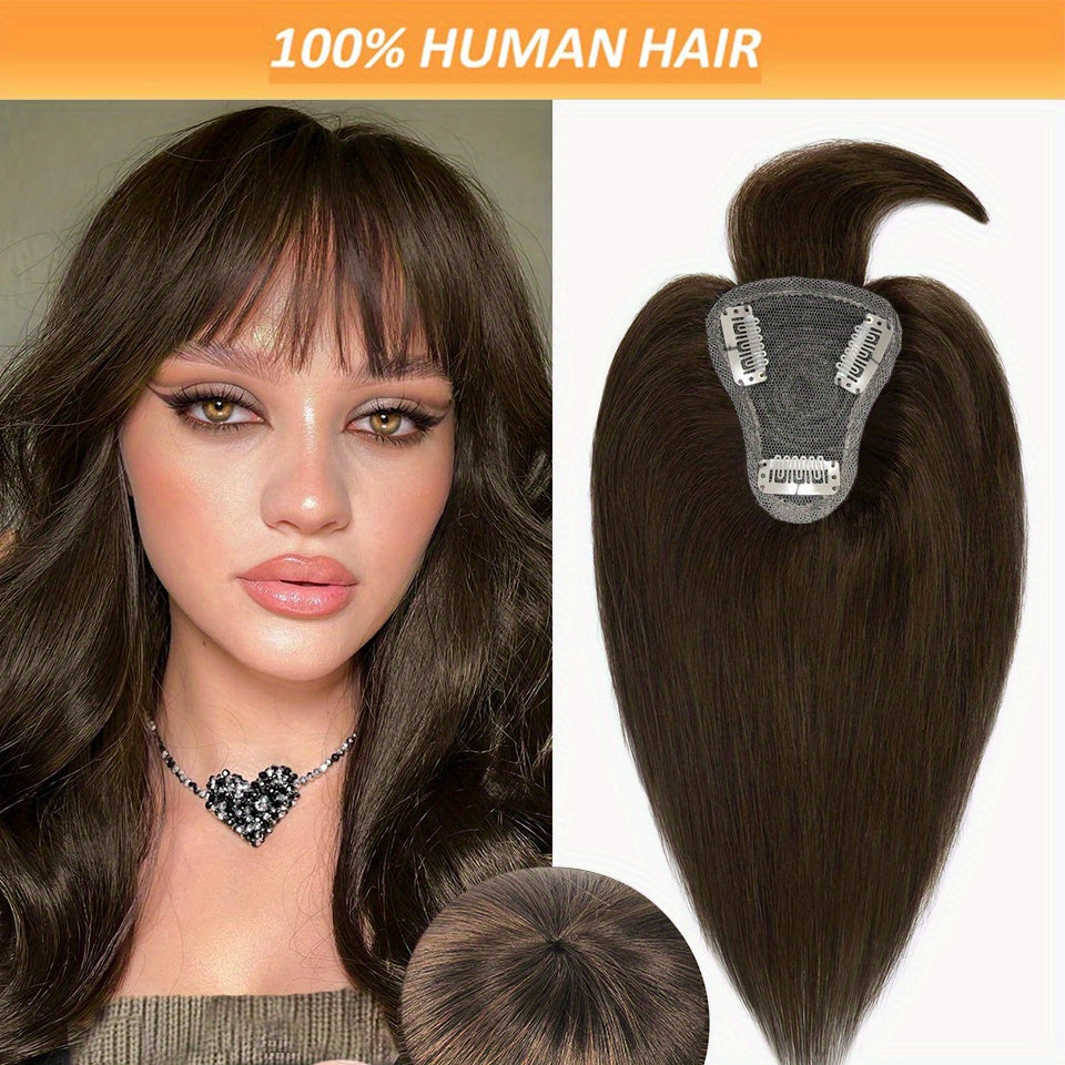 T-Shape #2 Dark Brown Straight Human Hair Topper with Bangs for Women, Real Human Hair Toppers for Thin Hair, 20.32cm 25.4cm Hairpieces