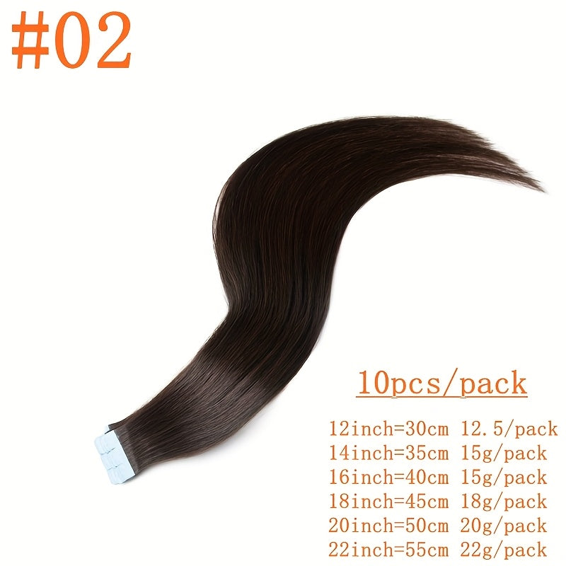 10pcs #02 Natural Mini Tape-In Human Hair Extensions - Double-Sided Invisible Seamless Straight Hair for Women, Adds Volume & Length, Fit All Hair Types & Ethnicities, Tape In Hair Extensions, Easy Application, Versatile Styling