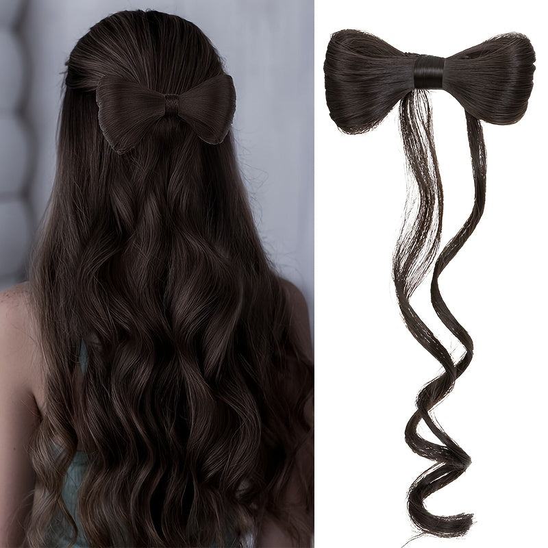 Elegant Bowknot Hairpiece with 35.56cm Natural Curly Synthetic Ponytail - Dark Brown & Blonde Highlights, Decorative Clip Barrette for Women and Girls - Versatile and Stylish Hair Accessory, Hair Accessories