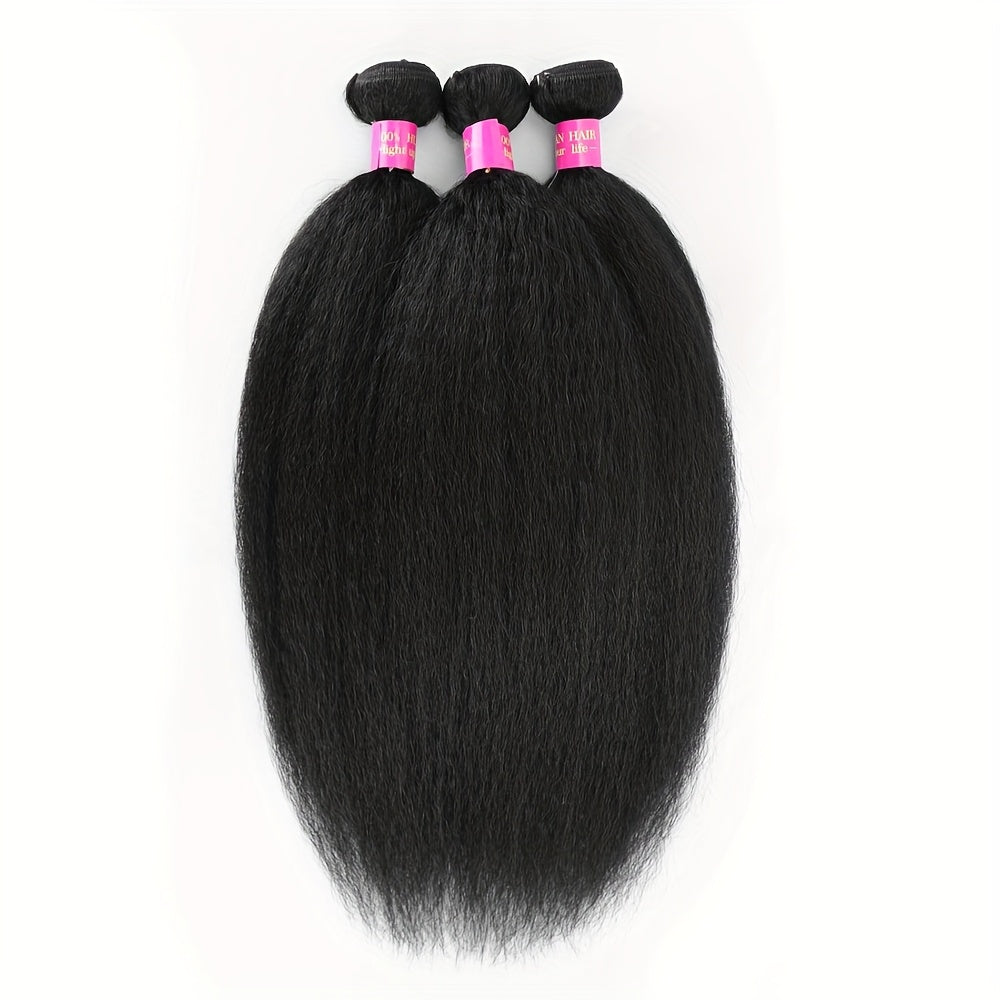 Yaki Straight Human Hair Bundles Kinky Straight Bundles Human Hair 16 18 20 Inch 3 Bundles 12A 100% Unprocessed Brazilian Kinkystraight Bundles Human Hair Natural Black