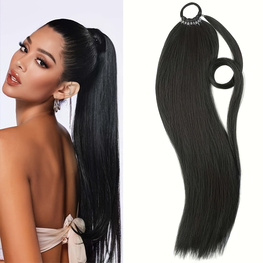 24-Inch Yaki Straight Braiding Hair Ponytail Extension - Wrap Around Long Straight Ponytail with Versatile Elastic Bands for Women, High-Temperature Fiber, Basic Style, Hair Extension for Women