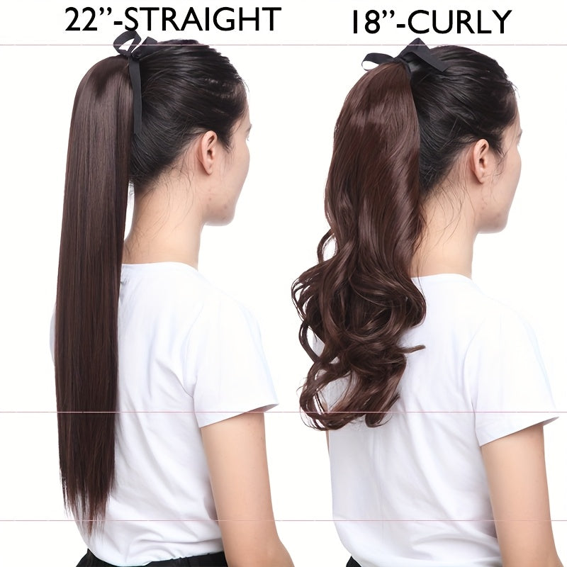 Long Soft Tie Up Ponytail Straight Hair Piece Clip In Hair Extensions 22inch/55cm Wrap Around Binding Pony Tail Hairpiece Drawstring Pony Tails for Women Party Festival Christmas Halloween Daily Use