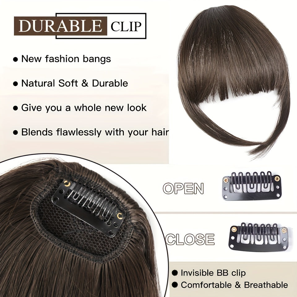 Women's Clip-In Synthetic Hair Bangs Extensions - Straight Hair Fringe with Volume Boost Hairpieces, Easy to Wear for All Occasions, Basics Style in Brown