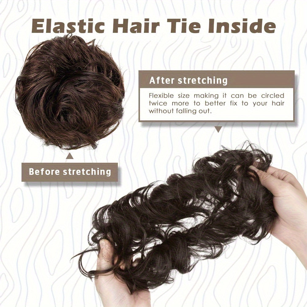 [2pcs Brazilian Hair Buns] 2pcs 4 Inch Brazilian Human Hair Messy Bun Chignon Extensions - Soft & Comfortable Elastic Scrunchie Updo Hair Pieces for Women, Natural Look, Easy Maintenance, Versatile for Daily & Formal Events